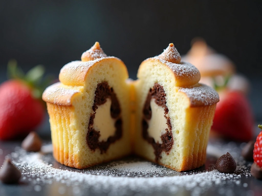 Close-up of the cream-cheese center inside a chocolate cupcake