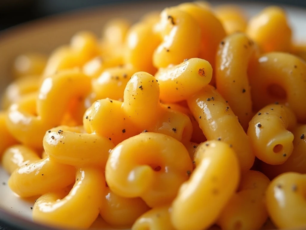 Creamy cheddar sauce and black pepper on microwave macaroni
