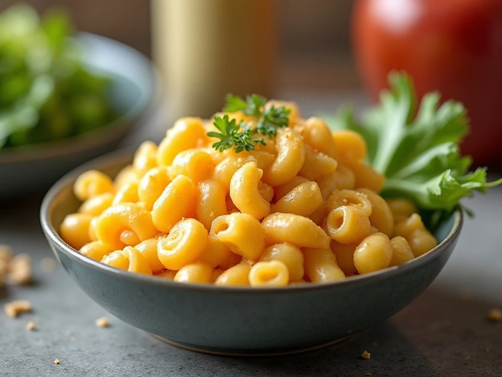 Microwave macaroni and cheese served with a small salad