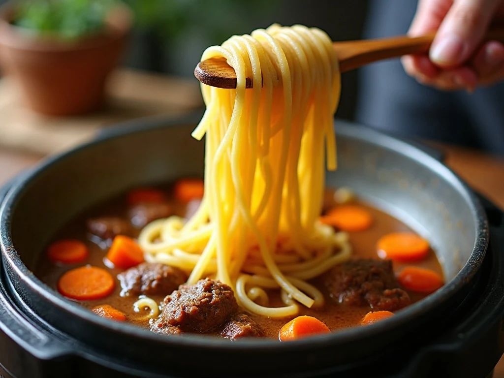 Adding egg noodles after pressure cooking beef soup