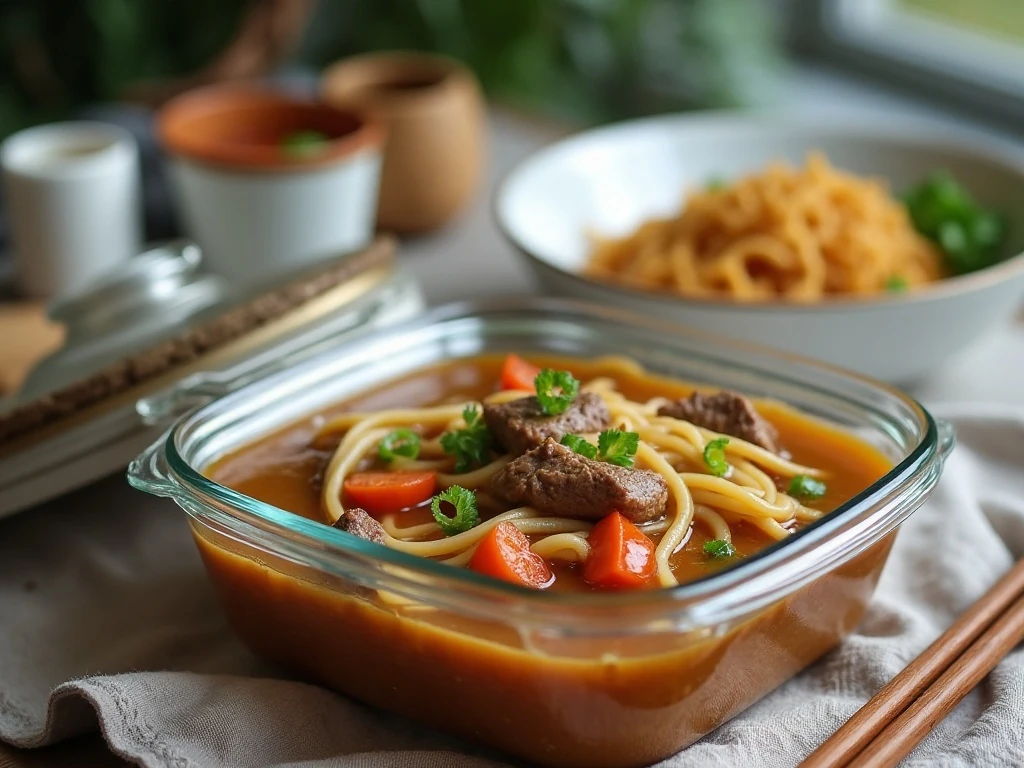 Stored and reheated beef noodle soup for leftovers