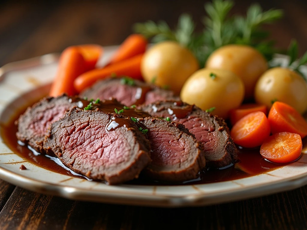 Instant Pot beef pot roast served with carrots, potatoes, and gravy