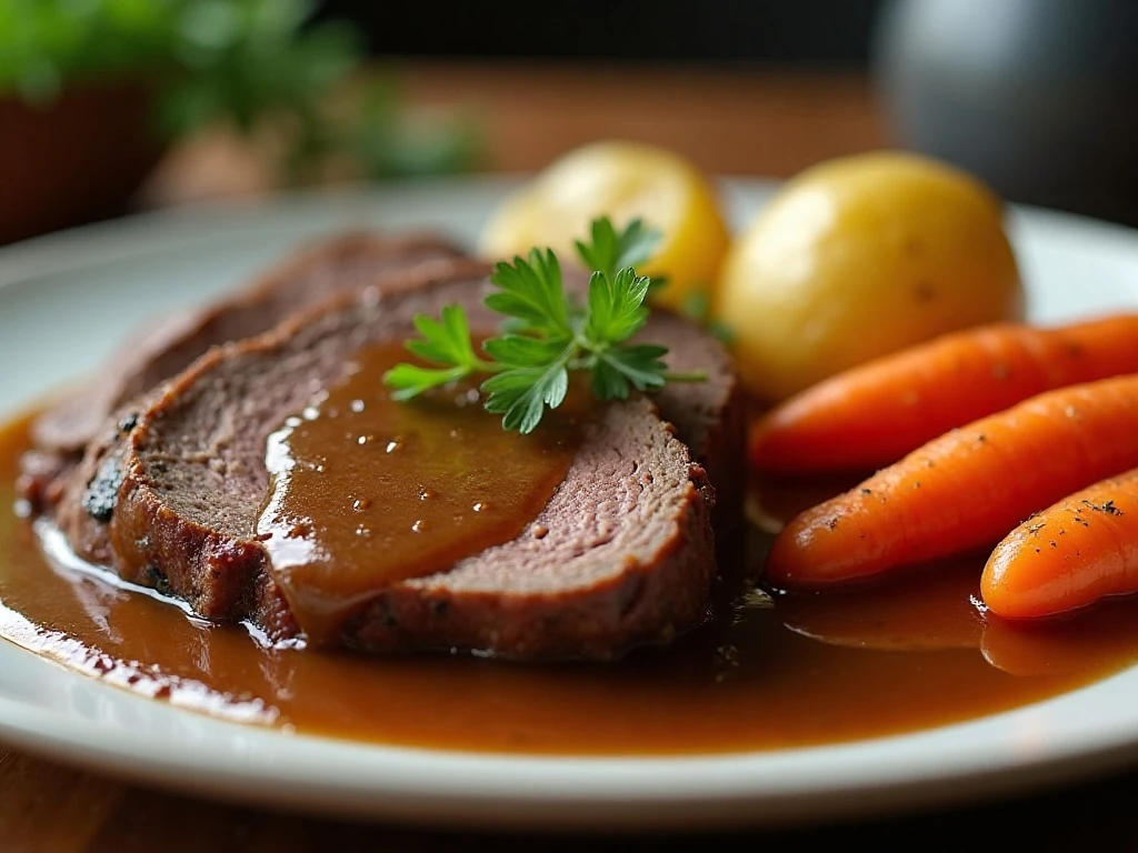 Close-up of gravy poured over Instant Pot pot roast