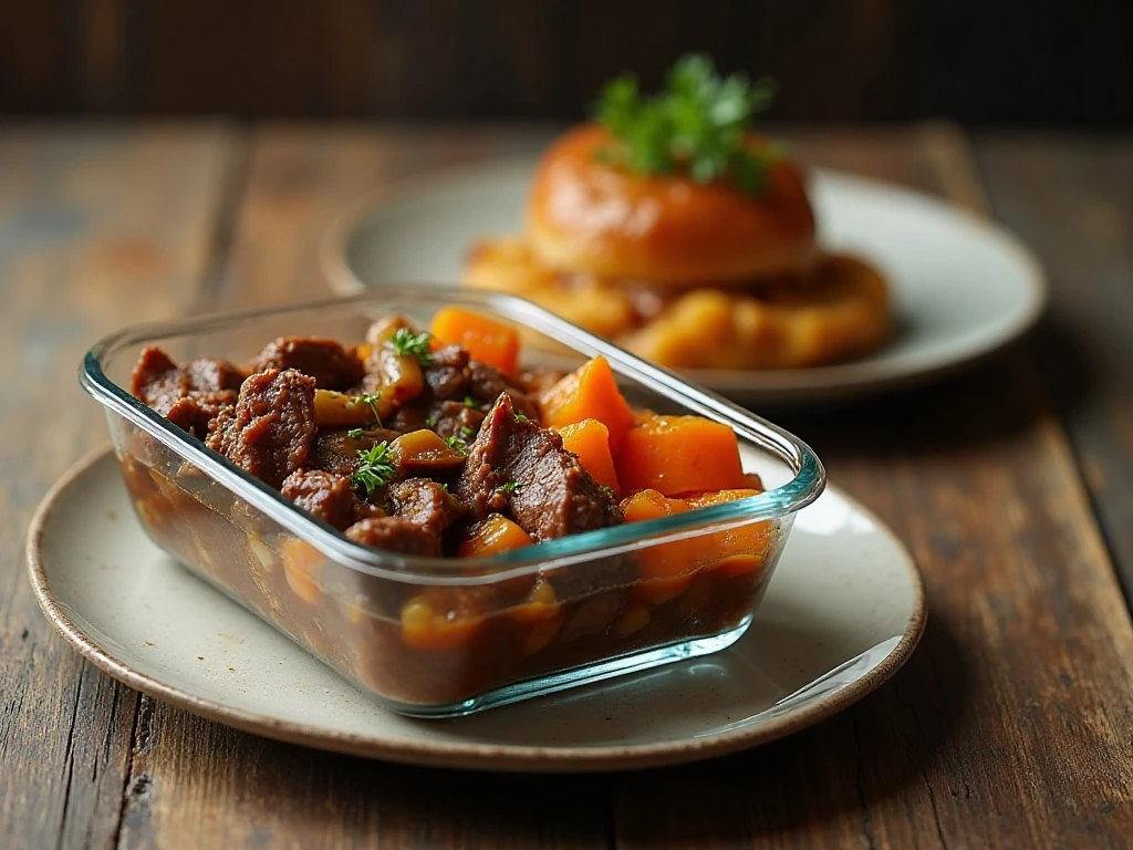 Stored and reheated beef pot roast with vegetables and gravy