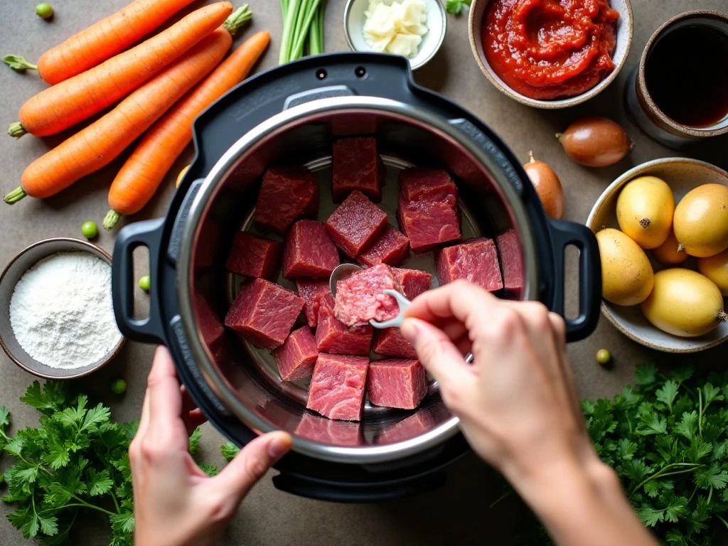 Ingredients for Instant Pot beef stew arranged for cooking
