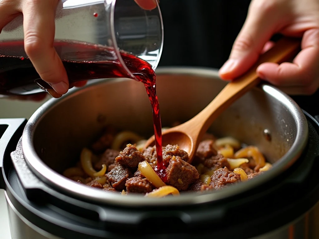 Deglazing the Instant Pot with red wine for deep stew flavor