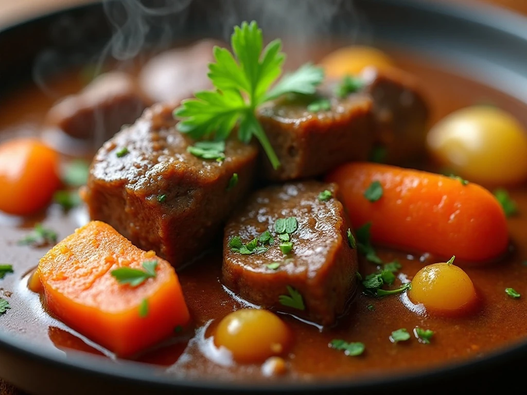 Close-up of tender beef stew with parsley garnish