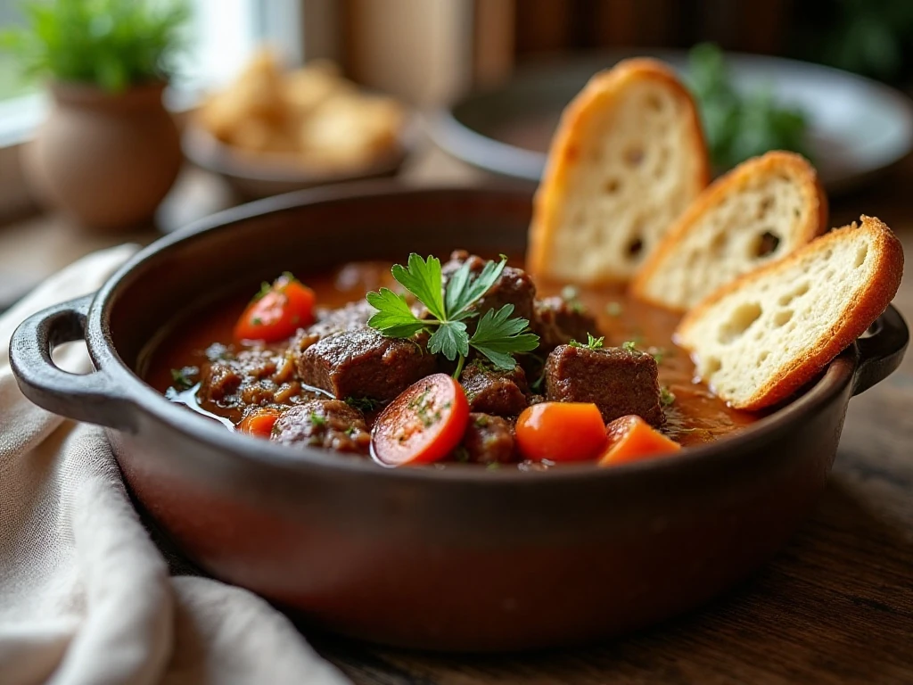 Instant Pot beef stew served with crusty bread