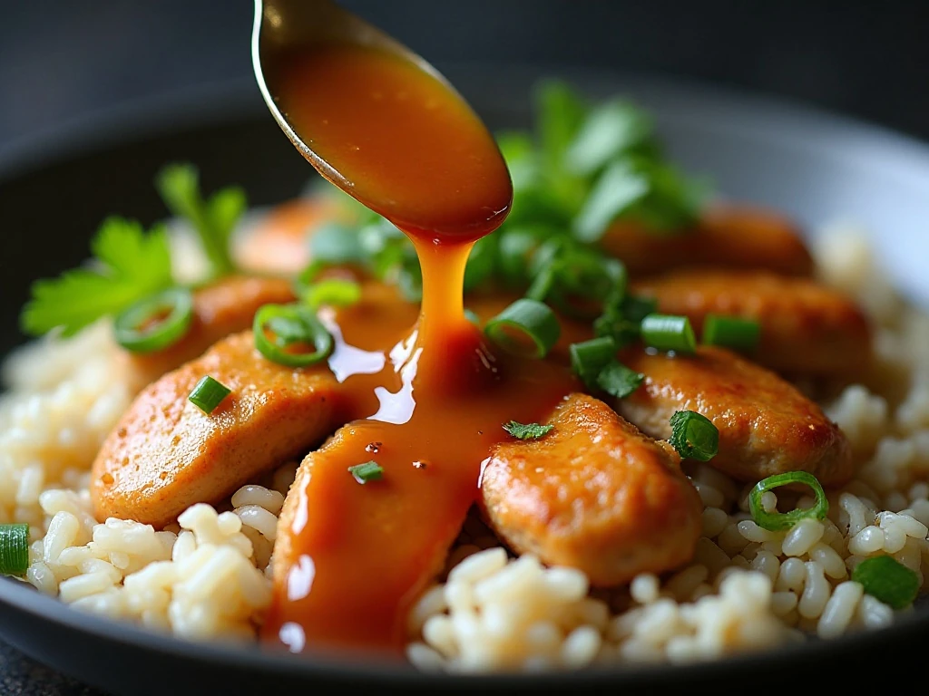 Glossy garlic sauce spooned over sliced chicken and rice