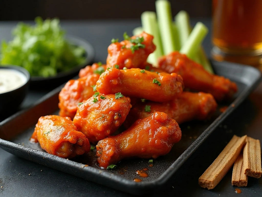 Crispy Instant Pot Buffalo chicken wings served with celery and dipping dressing