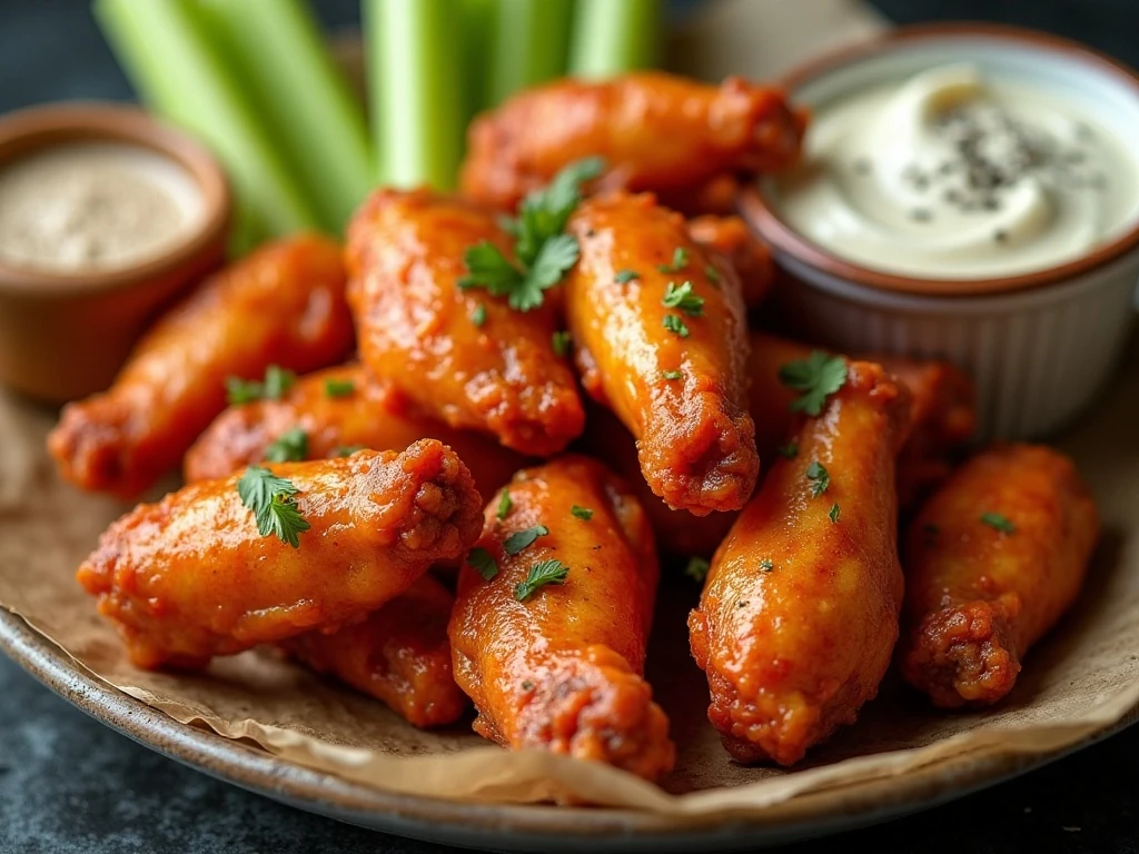 Buffalo wings with celery sticks and creamy dipping sauces