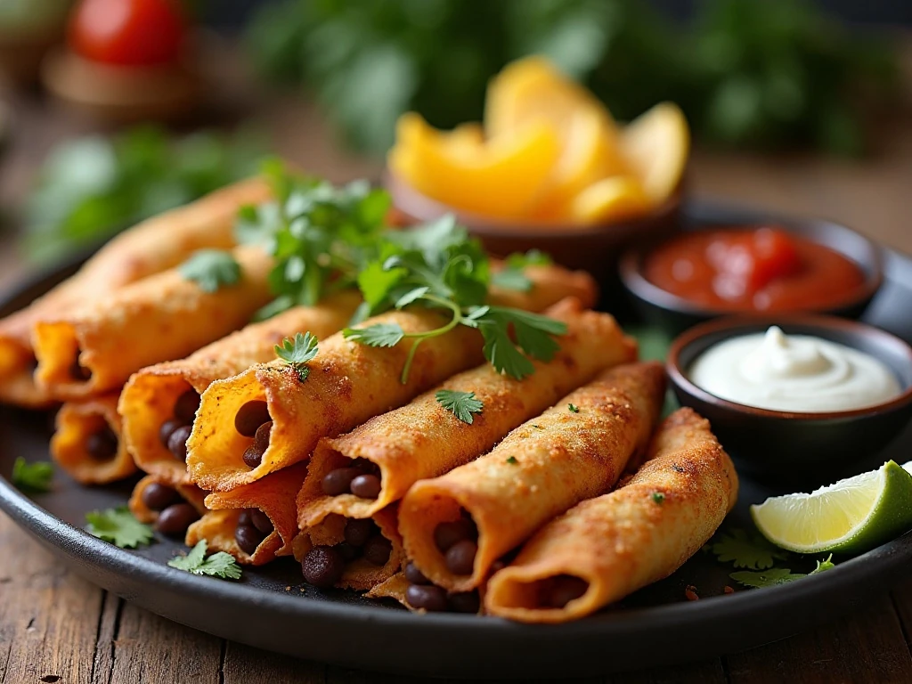 Crisp Instant Pot chicken and black bean taquitos served with dips and toppings