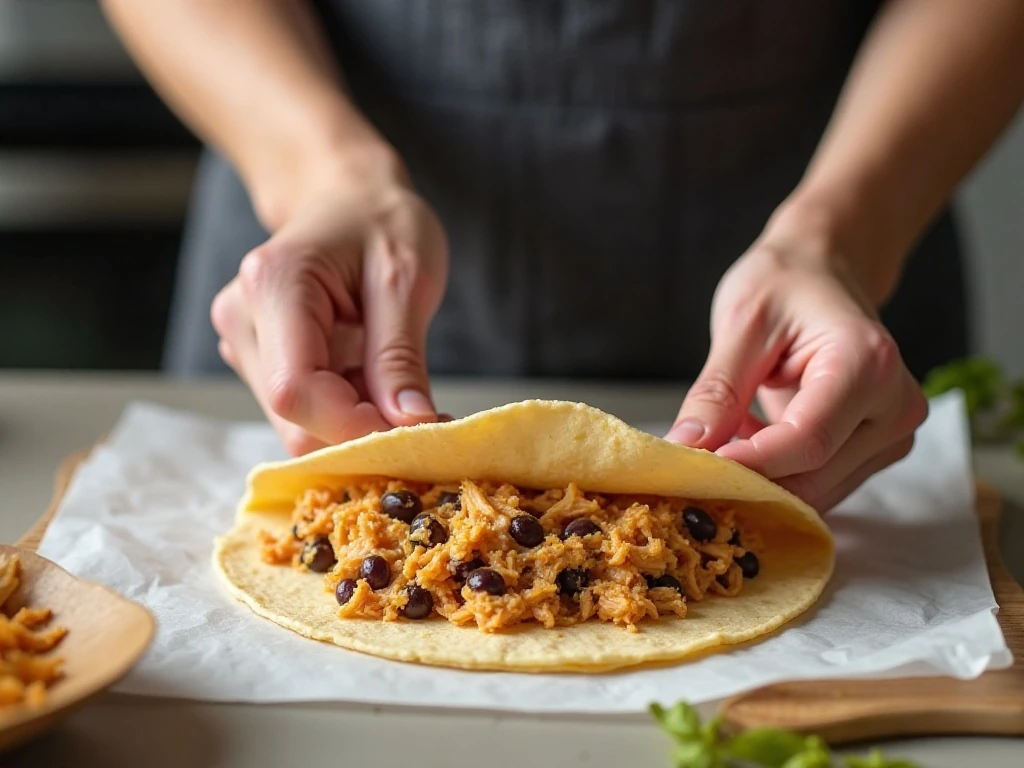 Rolling chicken and black bean filling into taquitos