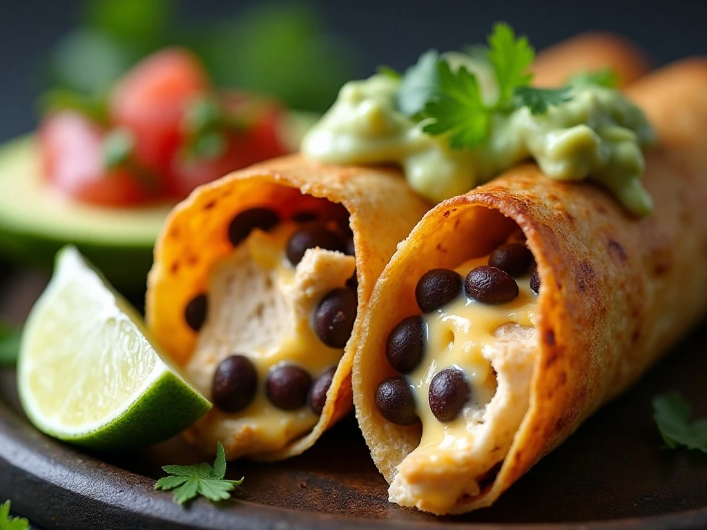 Close-up of creamy chicken and black bean taquito with fresh garnishes