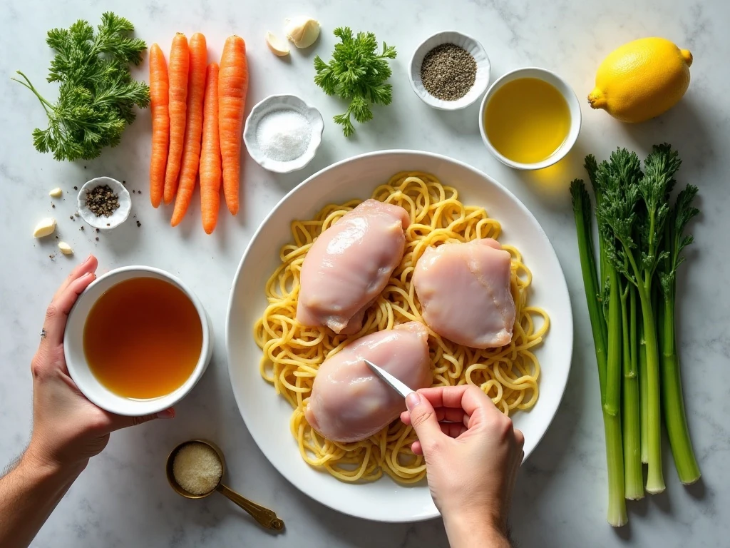 Ingredients for Instant Pot chicken noodle soup arranged for cooking
