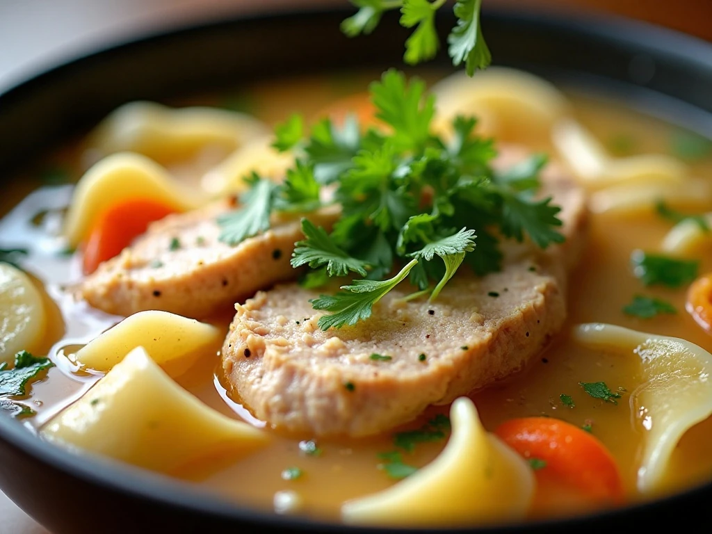 Fresh parsley garnishing Instant Pot chicken noodle soup