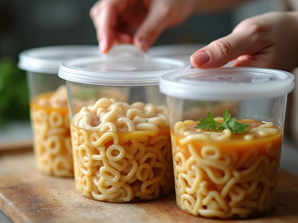 Chicken noodle soup stored with noodles separate for leftovers