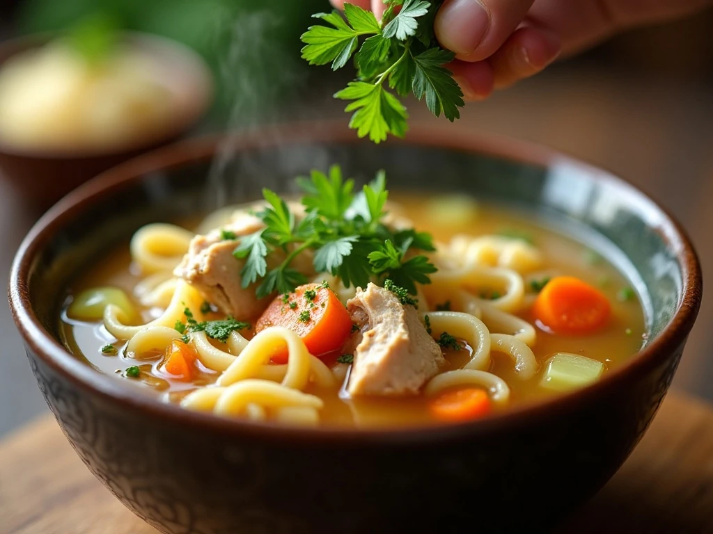Fresh parsley garnishing Instant Pot chicken noodle soup