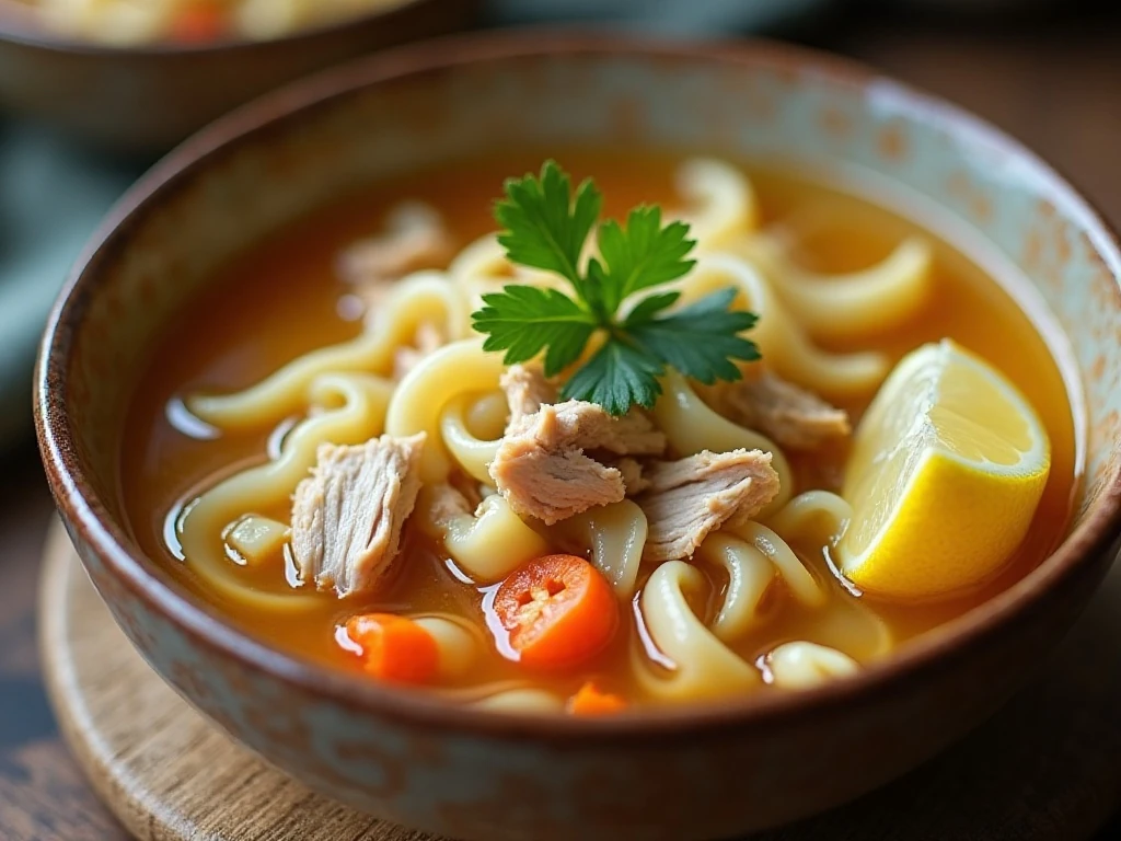 Chicken noodle soup finished with parsley and lemon