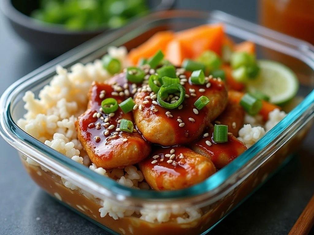 Chicken teriyaki stored with rice and vegetables