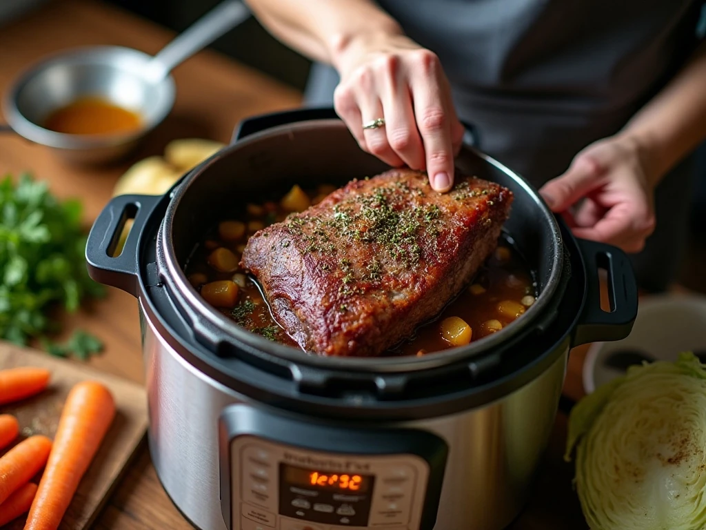 Preparing corned beef and seasoned broth in the Instant Pot