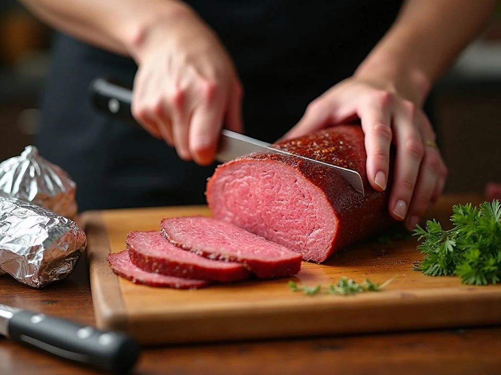 Slicing rested corned beef across the grain