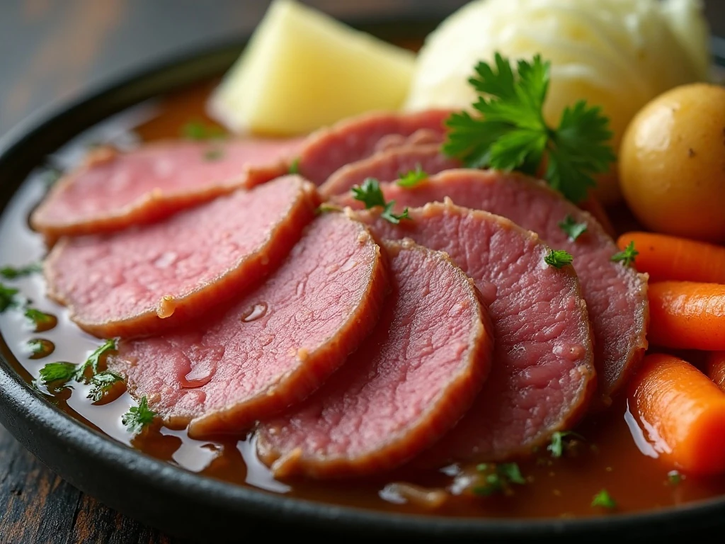 Close-up serving of corned beef with vegetables and parsley