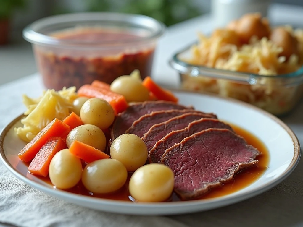 Stored and reheated corned beef and cabbage leftovers