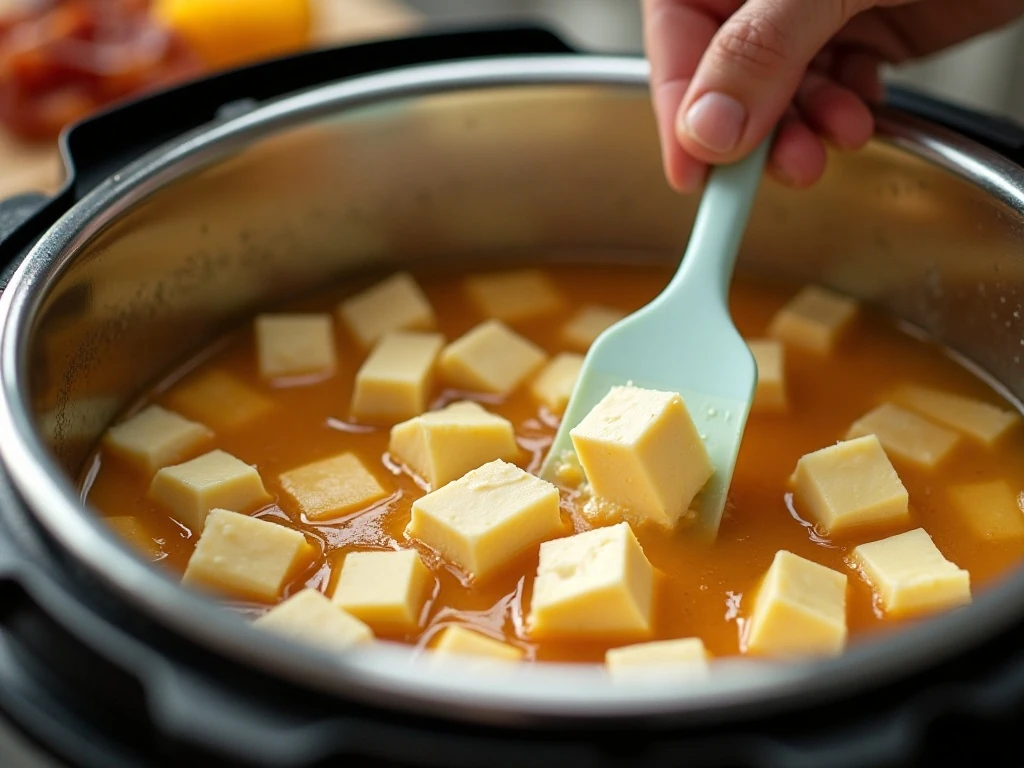 Melting cream cheese into the chicken soup for a smooth texture