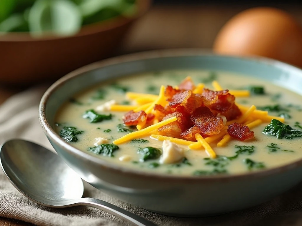 Reheated crack chicken spinach soup with bacon and cheddar garnish
