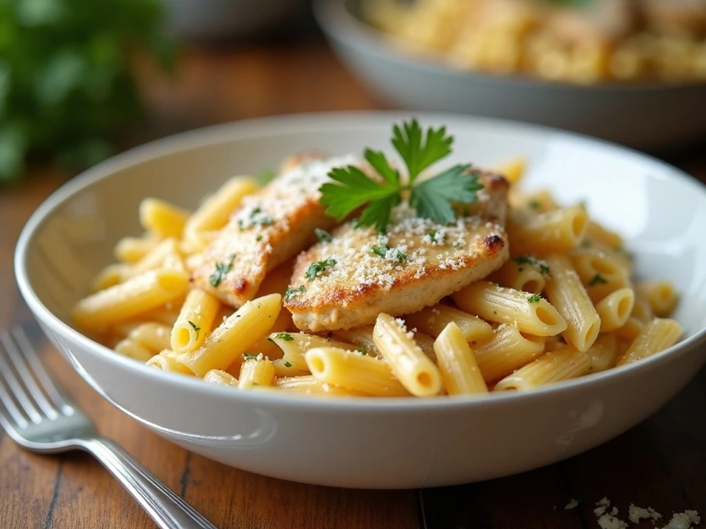 Instant Pot creamy garlic Parmesan chicken pasta in a serving bowl