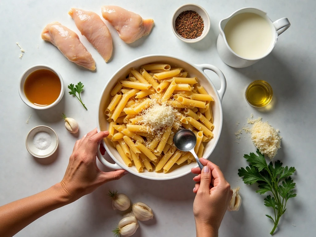 Ingredients for creamy garlic Parmesan chicken pasta