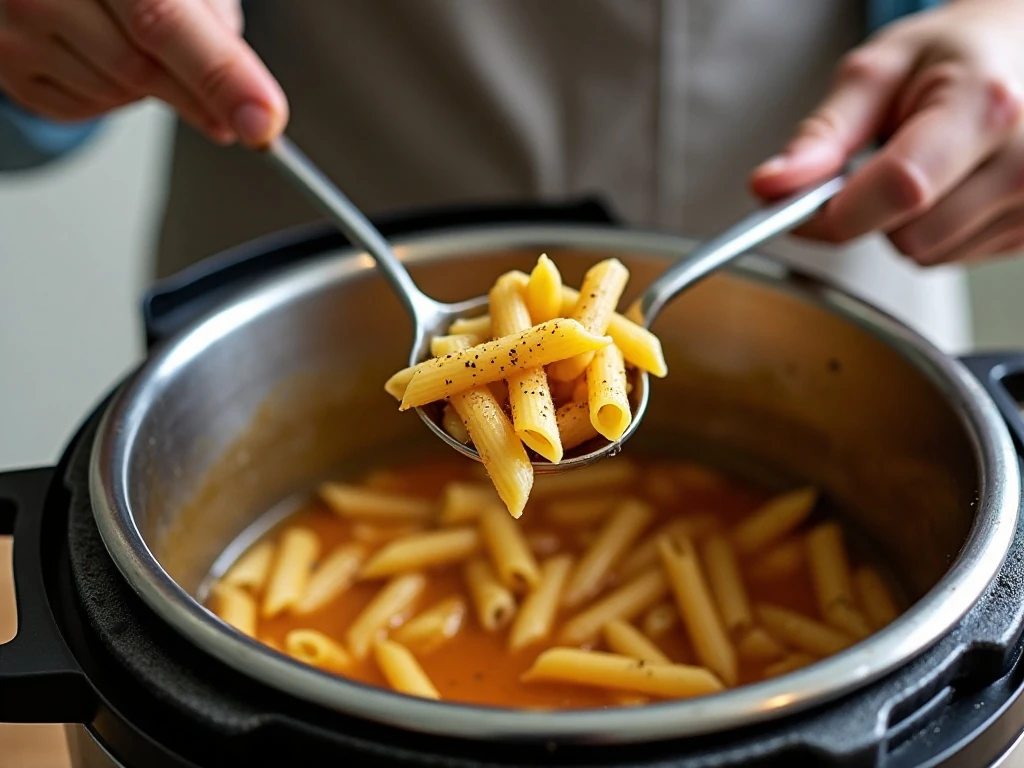 Penne pasta being prepared in the Instant Pot with seasoned broth