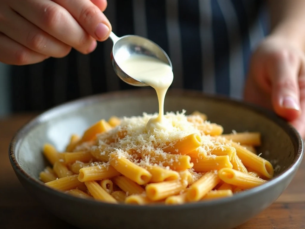 Cream and Parmesan being stirred into Instant Pot pasta