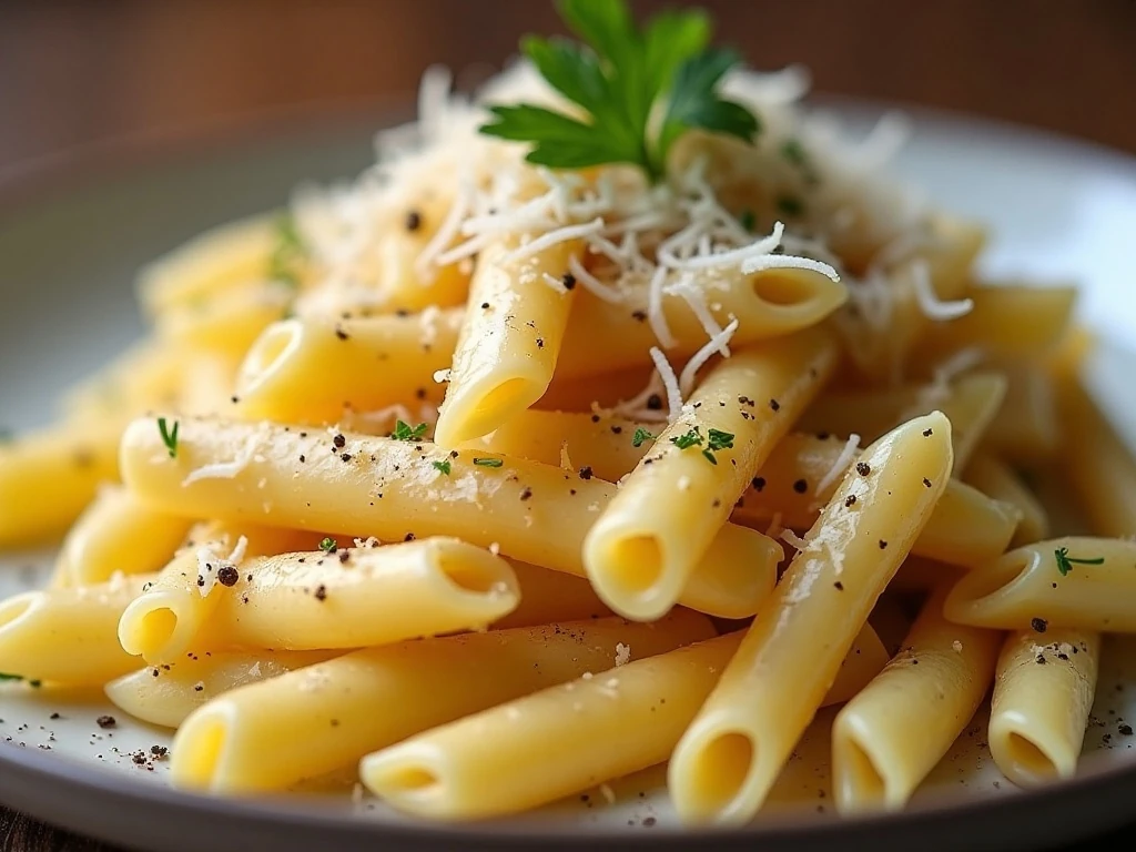 Close-up garnish detail on creamy garlic Parmesan penne