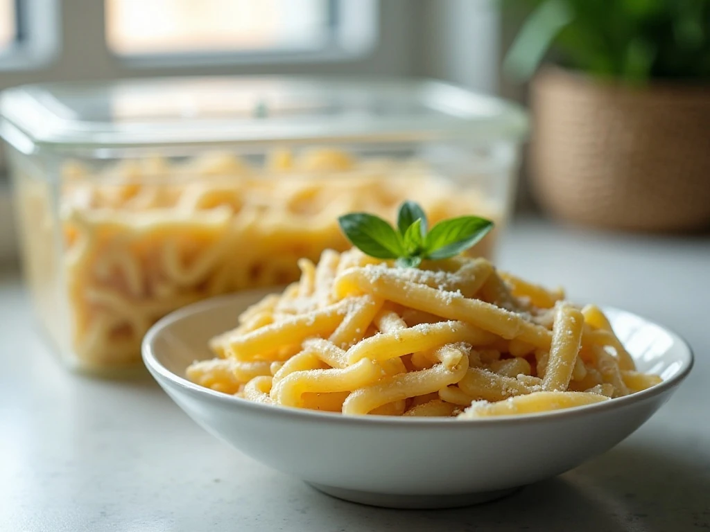 Creamy Parmesan pasta portioned for storage and reheating