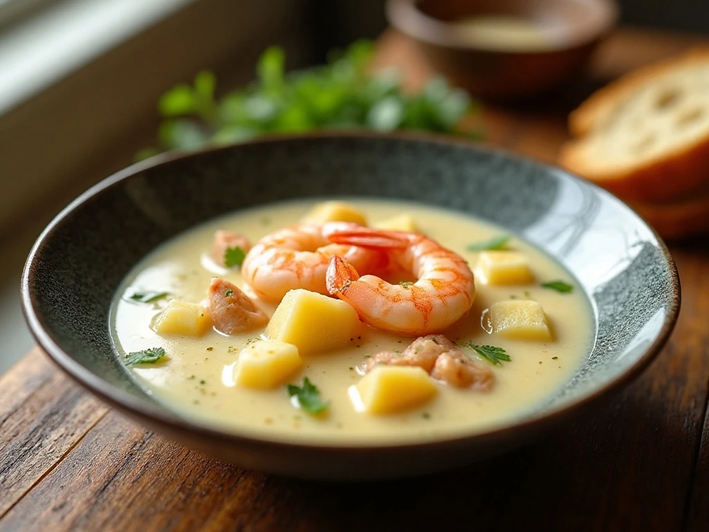 Creamy potato shrimp soup served with crusty bread