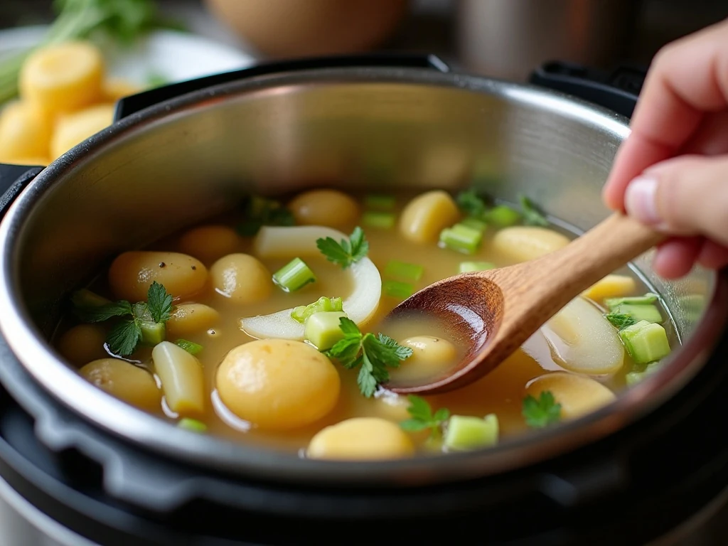 Preparing potatoes and vegetables in the Instant Pot for shrimp soup