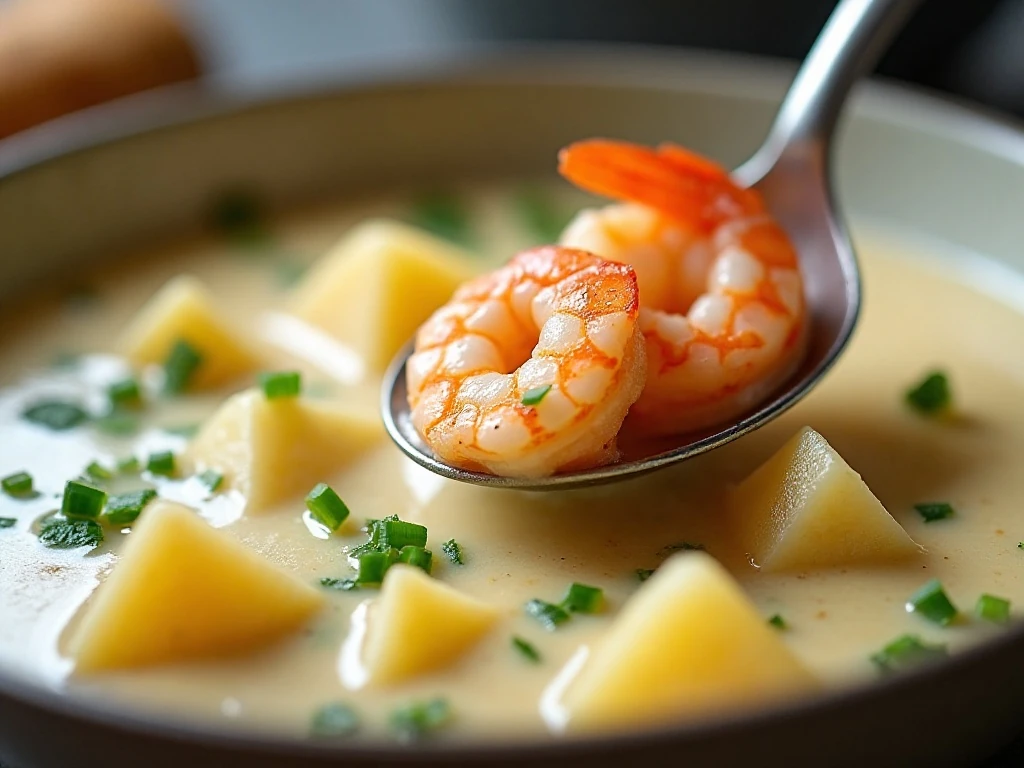 Close-up of tender shrimp and potatoes in creamy soup