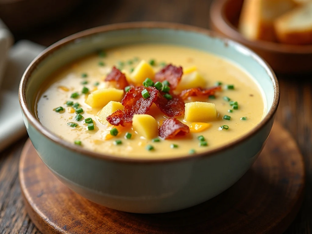 Creamy Instant Pot potato soup served with chives, cheddar, and bacon