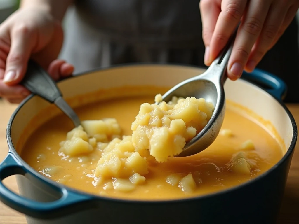 Partially mashed potatoes creating a creamy soup texture