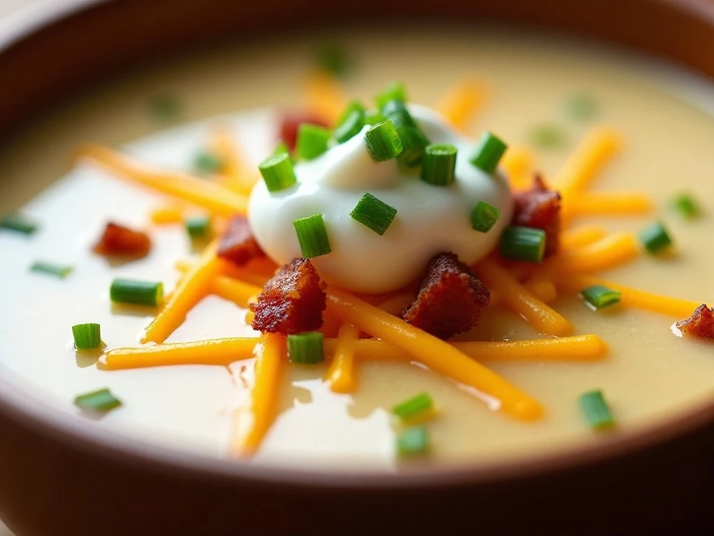 Close-up of potato soup topped with chives, cheese, sour cream, and bacon