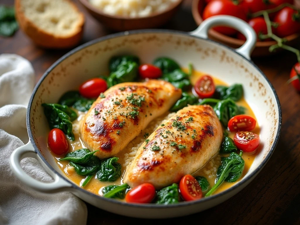 Creamy Instant Pot sun-dried tomato chicken served with spinach and Parmesan sauce