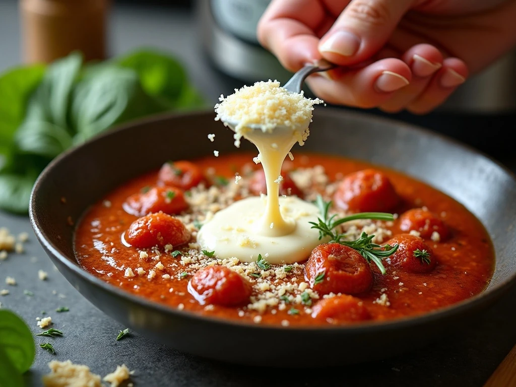 Cream and Parmesan being added after pressure cooking