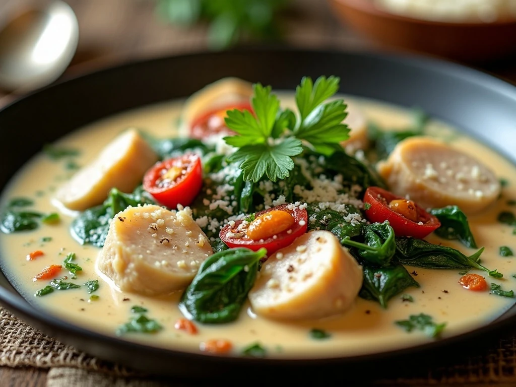 Parsley garnish on creamy sun-dried tomato chicken