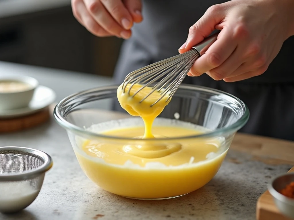 Tempering egg yolks with warm cream for crème brûlée