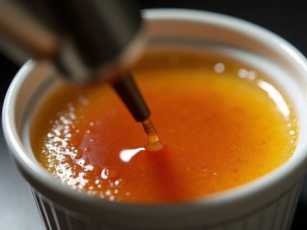 Torch caramelizing the sugar topping on crème brûlée