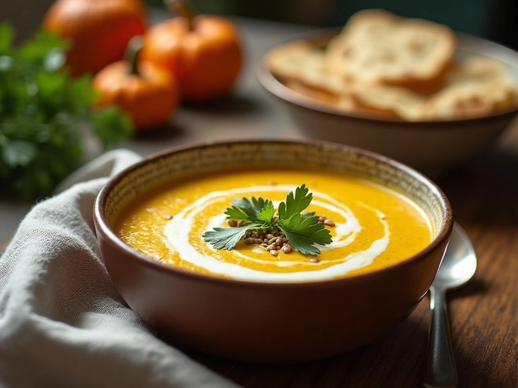 Instant Pot curried cauliflower soup served with cilantro and toasted pumpkin seeds