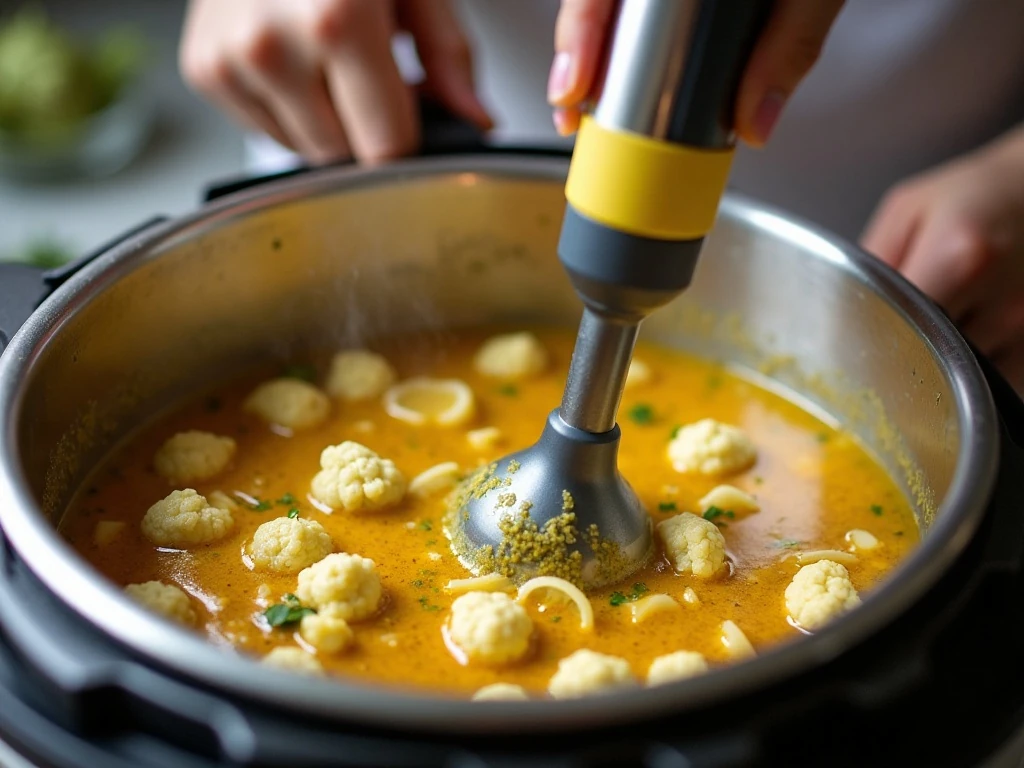 Blending cooked cauliflower soup in an Instant Pot