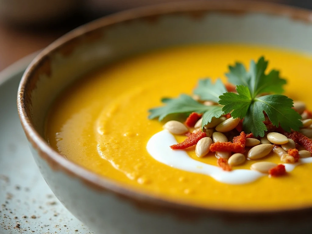 Close-up of coconut milk, cilantro, pumpkin seeds, and chili garnish on cauliflower soup